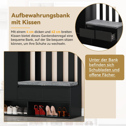 Schoenenkast – Schoenenrek – Schoenenbank – Schoenenopberger – Hal Organizer – Met 4 Haken – Zwart Metalen Frame – Gevoerde Zitplek – 180x100x35 cm – Ruimtebesparend – Duurzaam