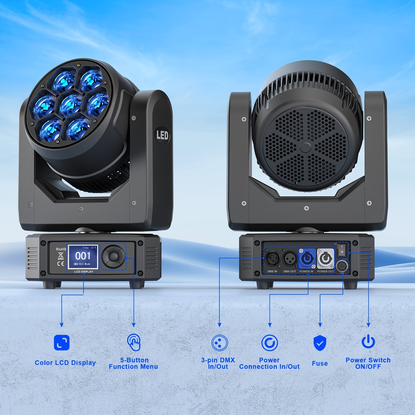 LED Moving Head Beam – DJ Licht – Stage Verlichting – Party Spot – RGBW Kleurensturing – 7x50W, DMX512 Controle