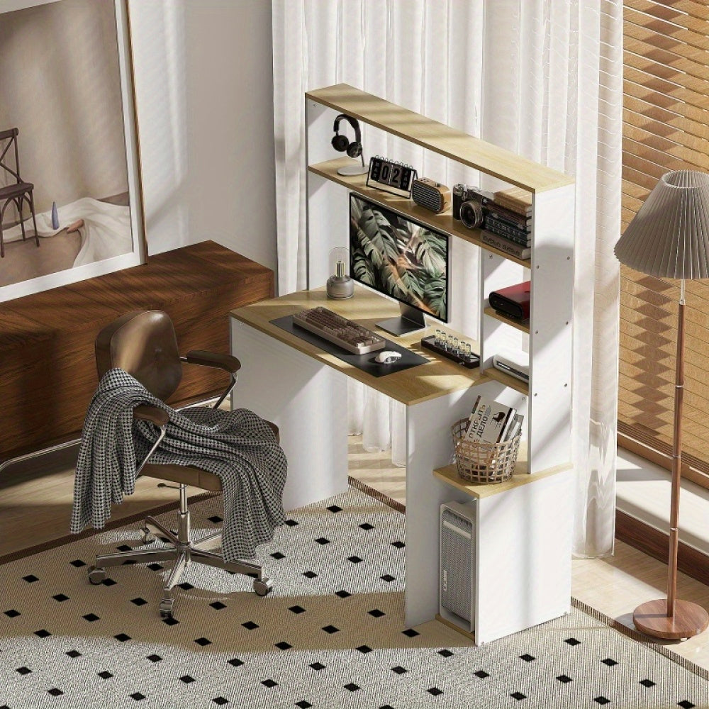 Bureau – Computerbureau – Werktafel – Studiebureau – Tafel – Wit Met Eikenhout – Met CPU-Standaard En Open Vakken – Stevig Stalen Frame