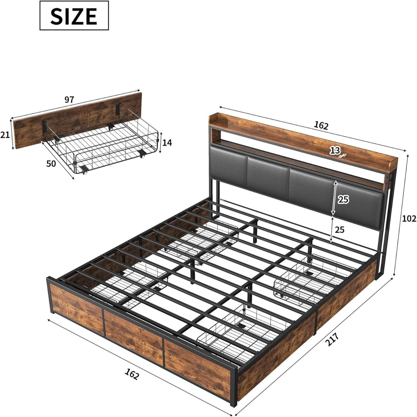 Led Bed – Gestoffeerd Bed – Opbergbed – Tweepersoonsbed – Bed Met Lades – 180 x 200 cm – LED Verlichting – Met PU Hoofdbord & Lattenbodem