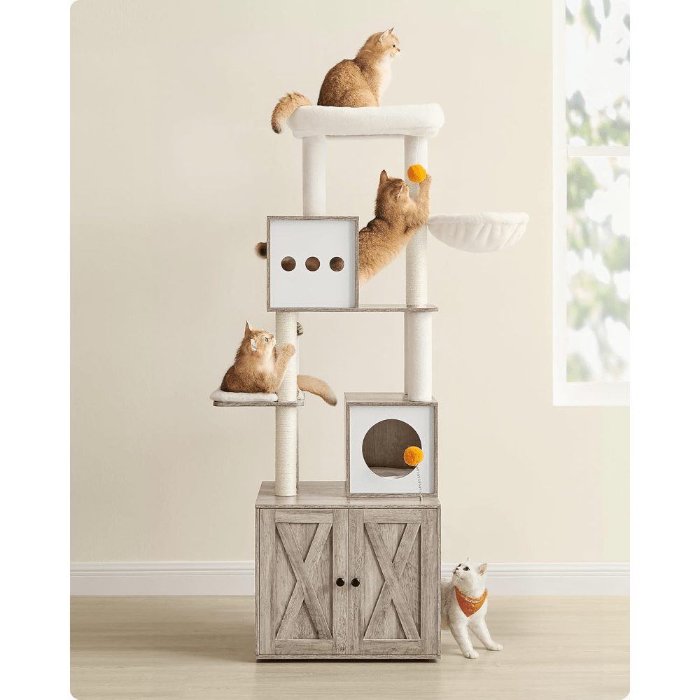 Krabpaal – Kattenboom – Krabmeubel – Krabton – Kattentoren – Met Verborgen Kattenbak – 185 cm Hoog – Wasbare Pluche Matten