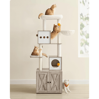 Krabpaal – Kattenboom – Krabmeubel – Krabton – Kattentoren – Met Verborgen Kattenbak – 185 cm Hoog – Wasbare Pluche Matten