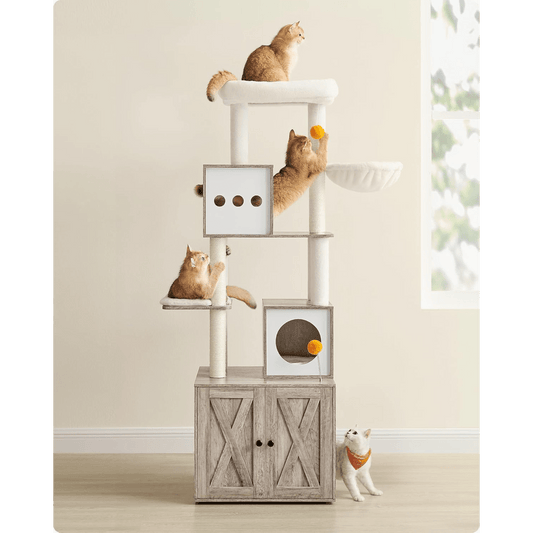 Krabpaal – Kattenboom – Krabmeubel – Krabton – Kattentoren – Met Verborgen Kattenbak – 185 cm Hoog – Wasbare Pluche Matten