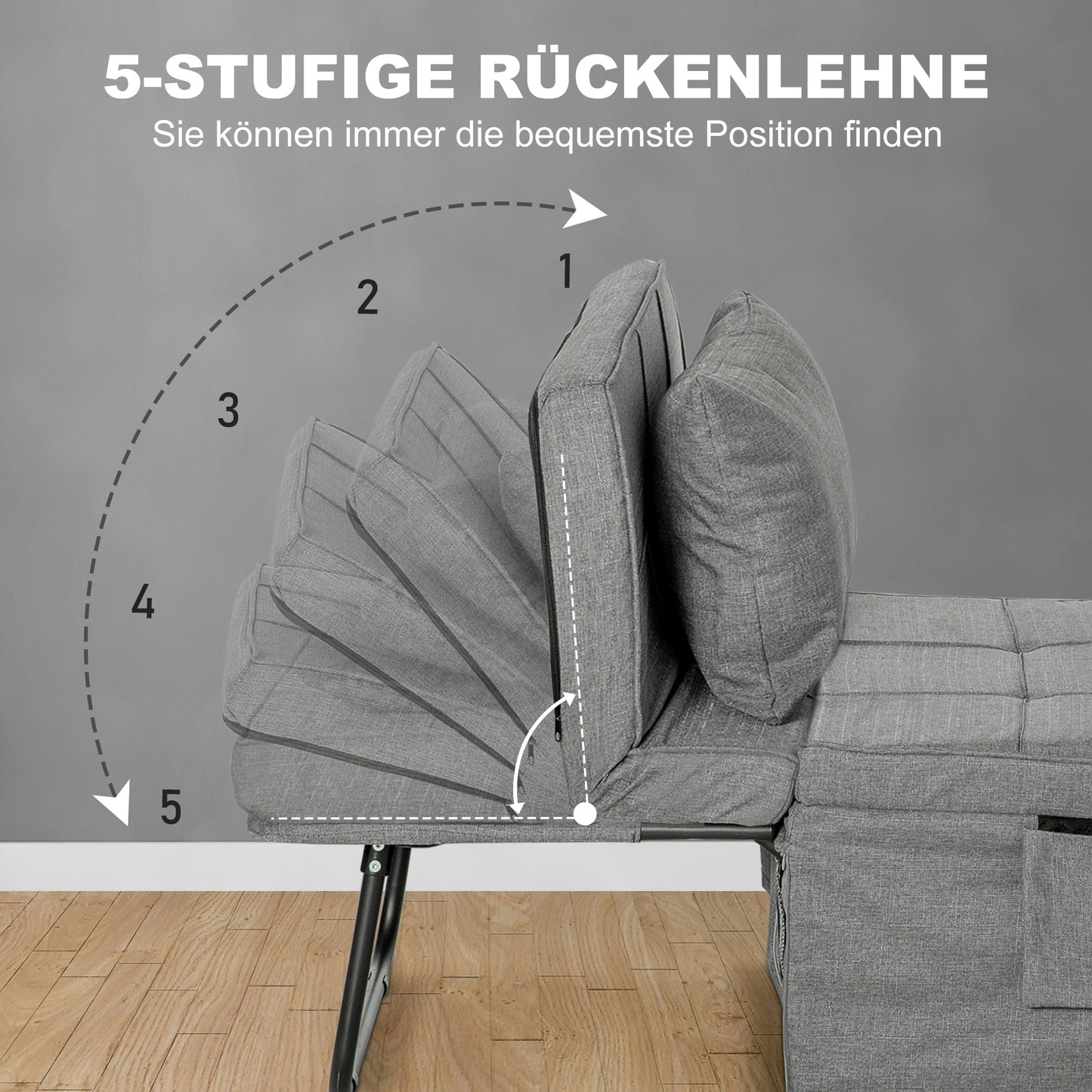 Opvouwbed – Vouwbed – Opklapbed – Logeerbed – Eenpersoonsbed – 8 cm Matras – 5-standen Verstelbare Rugleuning – Stabiel Stalen Frame – Grijs – 188x75x38 cm