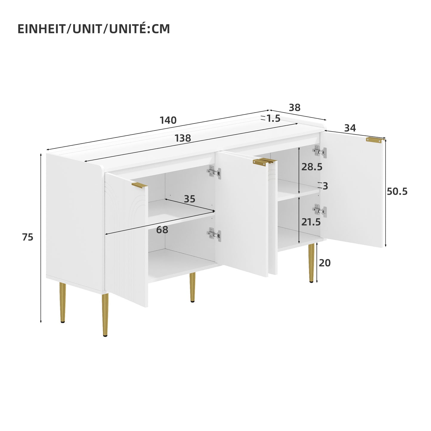 Dressoir – Sideboard – Opbergkast – Ladekast – Kast – Modern Design – Gebogen Reliëfdeuren – 140 cm – Met Verstelbare Legplanken – Met Gouden Metalen Poten