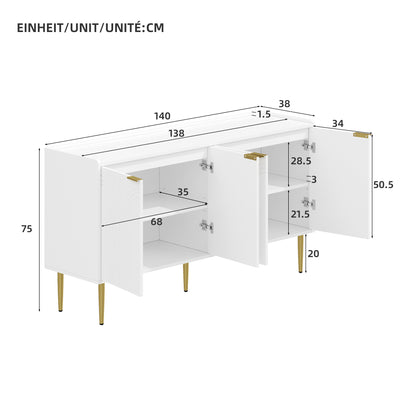 Dressoir – Sideboard – Opbergkast – Ladekast – Kast – Modern Design – Gebogen Reliëfdeuren – 140 cm – Met Verstelbare Legplanken – Met Gouden Metalen Poten