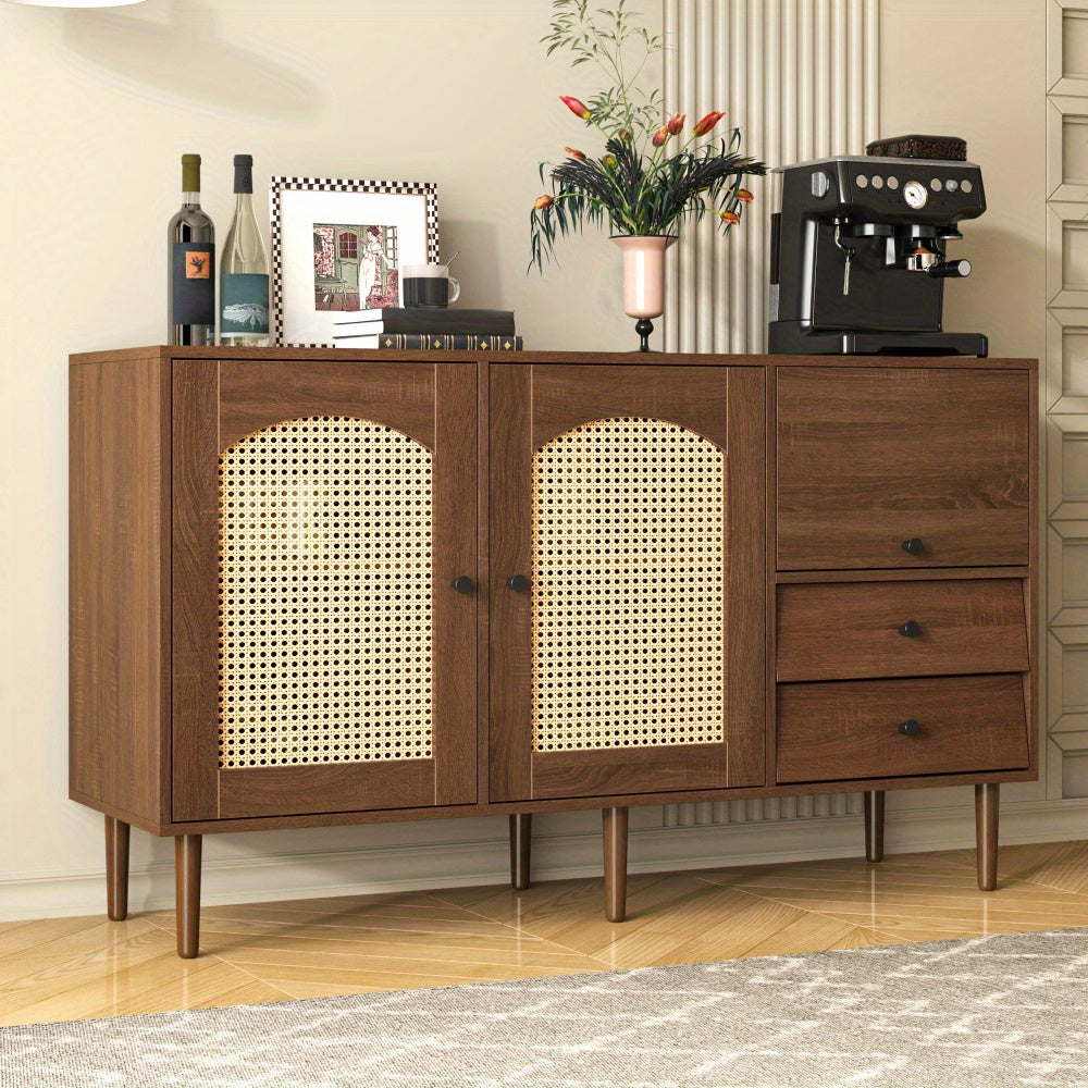 Dressoir – Sideboard – Opbergkast – Kast – Buffetkast – Landelijke Stijl – Rieten Deuren – Magnetische Sluiting – Verstelbare Legplanken – 130 x 75,5 x 40 cm – Stevige Constructie
