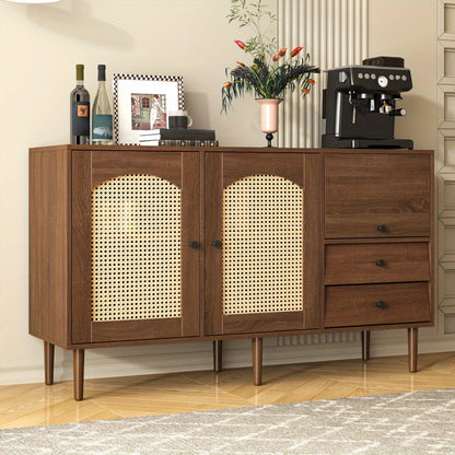 Dressoir – Sideboard – Opbergkast – Kast – Buffetkast – Landelijke Stijl – Rieten Deuren – Magnetische Sluiting – Verstelbare Legplanken – 130 x 75,5 x 40 cm – Stevige Constructie