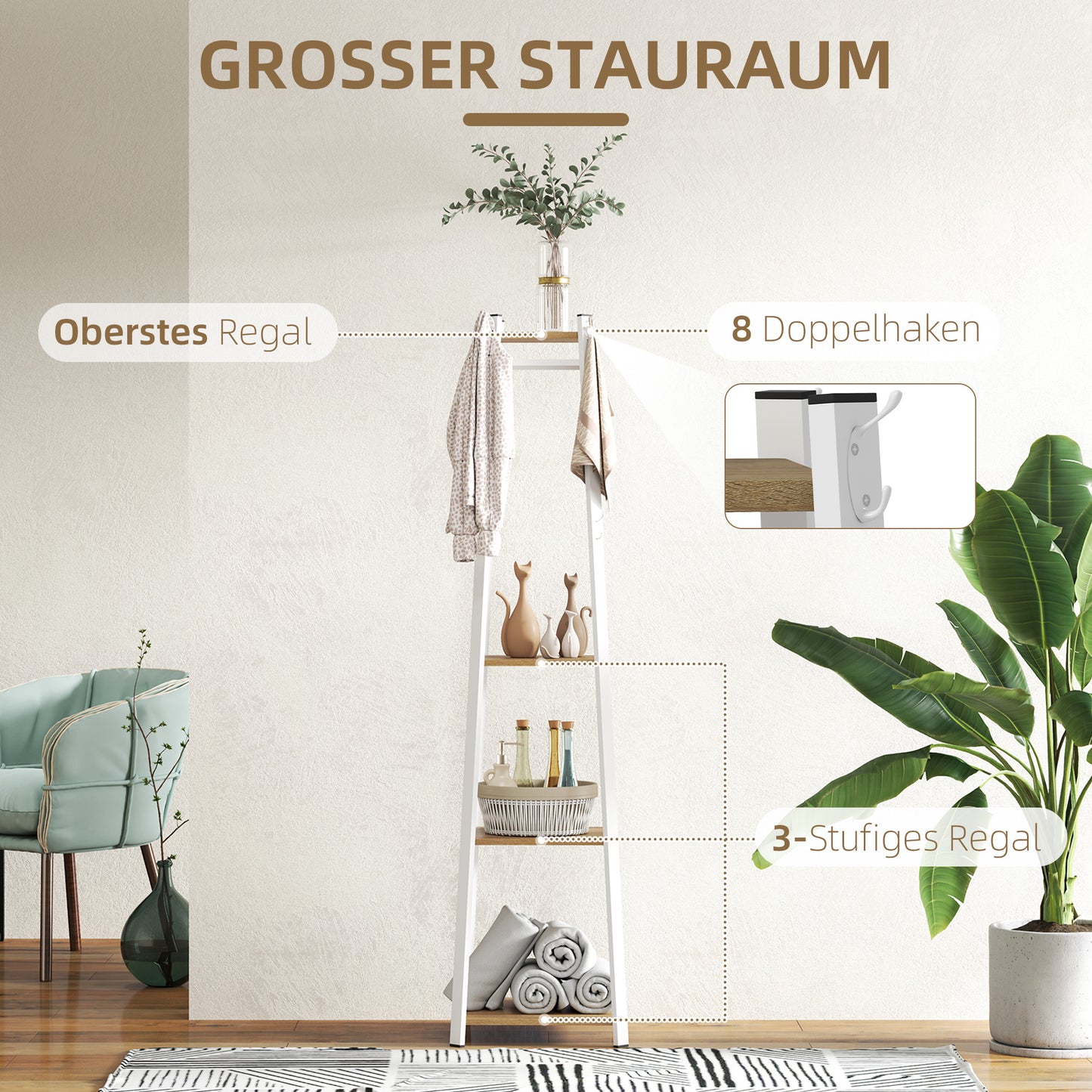 Kapstok – Kledingrek – Garderoberek – Jashenrek – Opberger – Trapeziumvormig Design – 8 Dubbele Haken – 3 Legplanken – Staal Wit Met Eikenkleur