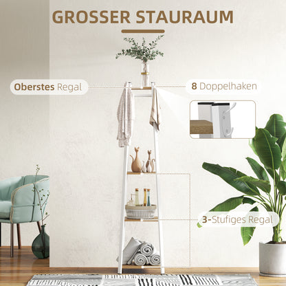 Kapstok – Kledingrek – Garderoberek – Jashenrek – Opberger – Trapeziumvormig Design – 8 Dubbele Haken – 3 Legplanken – Staal Wit Met Eikenkleur