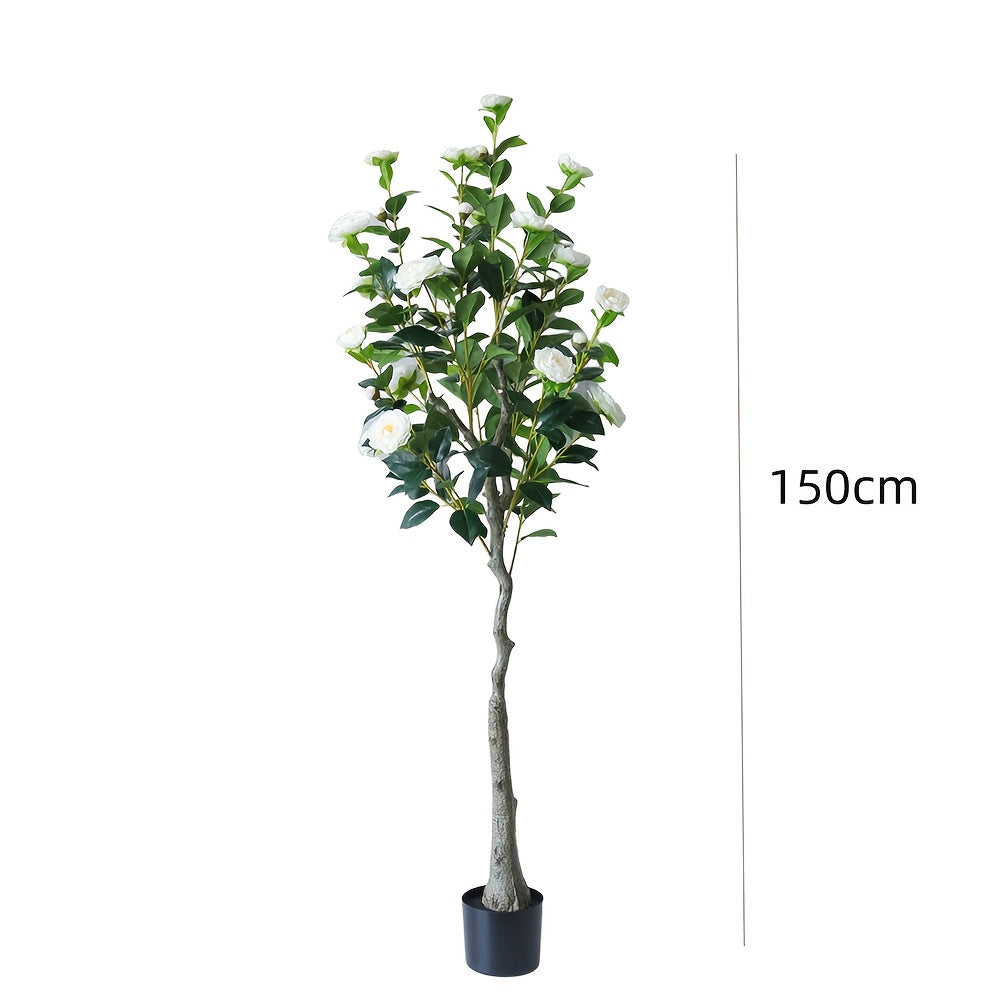 2pcs Artificial Camellia Tree with Realistic Trunk & Lush Green Leaves - 150cm/180cm Tall Fake Plants with White Flowers, All-Season Indoor/Outdoor Silk & Plastic Trees in Black Pots for Home, Office, Porch, Patio - Low Maint