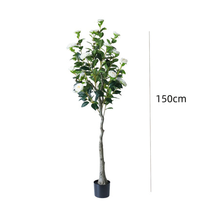 2pcs Artificial Camellia Tree with Realistic Trunk & Lush Green Leaves - 150cm/180cm Tall Fake Plants with White Flowers, All-Season Indoor/Outdoor Silk & Plastic Trees in Black Pots for Home, Office, Porch, Patio - Low Maint