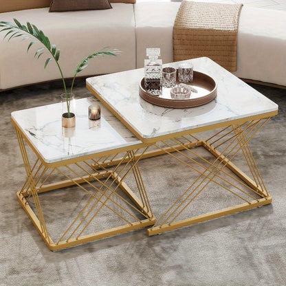Koffietafel Set – Salontafel – Bijzettafel – Woonkamertafel – Moderne Tafel – Hoogglans Marmer Design – Verstelbare Pootjes 60x60x45cm & 45x45x40cm