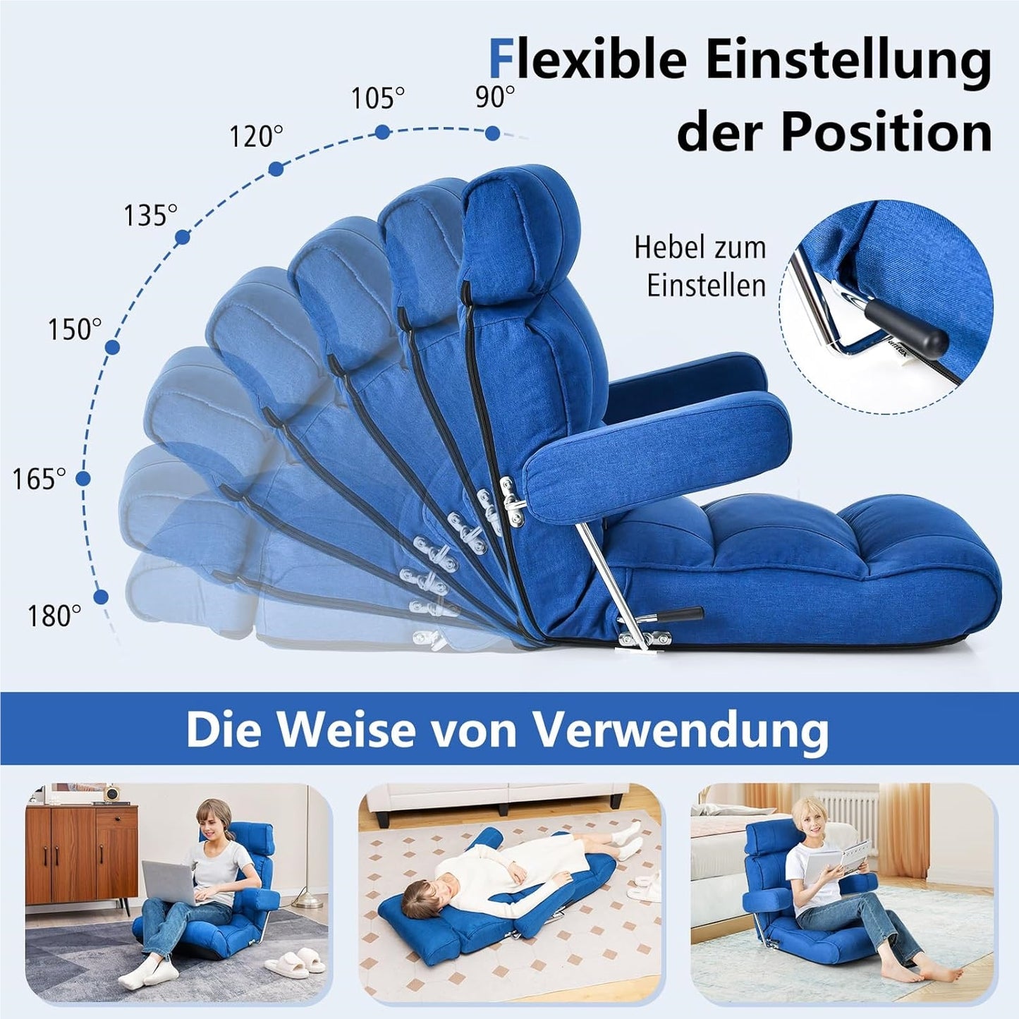 Vloerstoel – Zitzak – Meditatiestoel – Gamingstoel – Relaxfauteuil – Verstelbare Rugleuning 90-180° – Inklapbare Armleuningen – Blauw