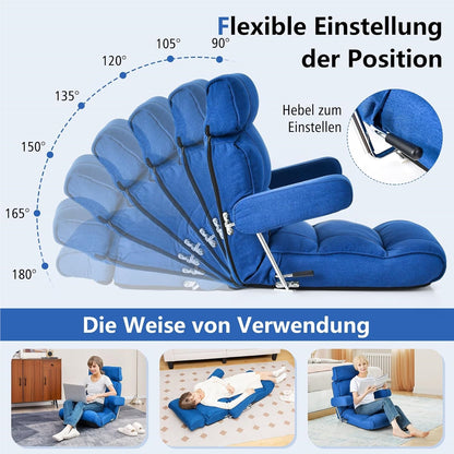Vloerstoel – Zitzak – Meditatiestoel – Gamingstoel – Relaxfauteuil – Verstelbare Rugleuning 90-180° – Inklapbare Armleuningen – Blauw