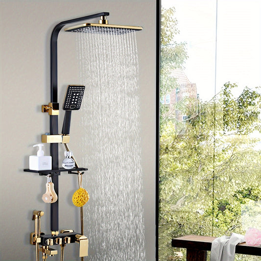 Regendouche – Douche Set – Handdouche – Douchekraan – Douchesysteem – Zwart-Goud – Verstelbare Hoogte – Messing & RVS