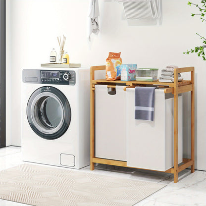 Wasmand – Wasbak – Wasmand Met Vak – Wascontainer – Waskrat – 3 Compartimenten – Bamboe Met Plank – Afneembare Waszakken