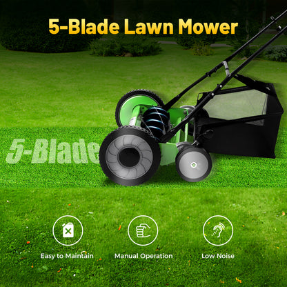Handgrasmaaier – Handmaaier – Kooimesmaaier – Duwgrasmaaier – Gazonmaaier – 50,8 cm Maaibreedte – 9 Instelbare Maaihoogtes – 65-Mangaan Stalen Messen – Met Opvangzak – Groen