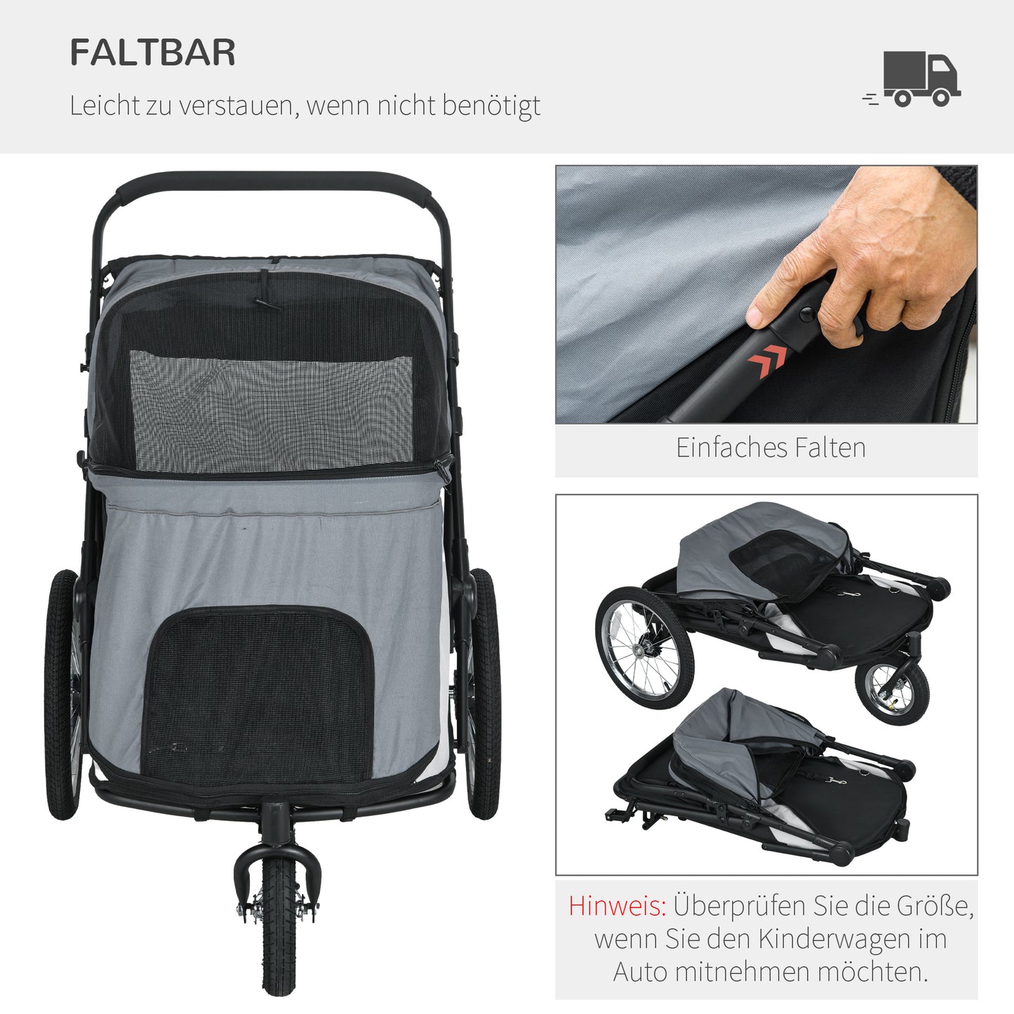 Foldable Dog Stroller with Reclining Cushion, Steel Frame, Gray/Black