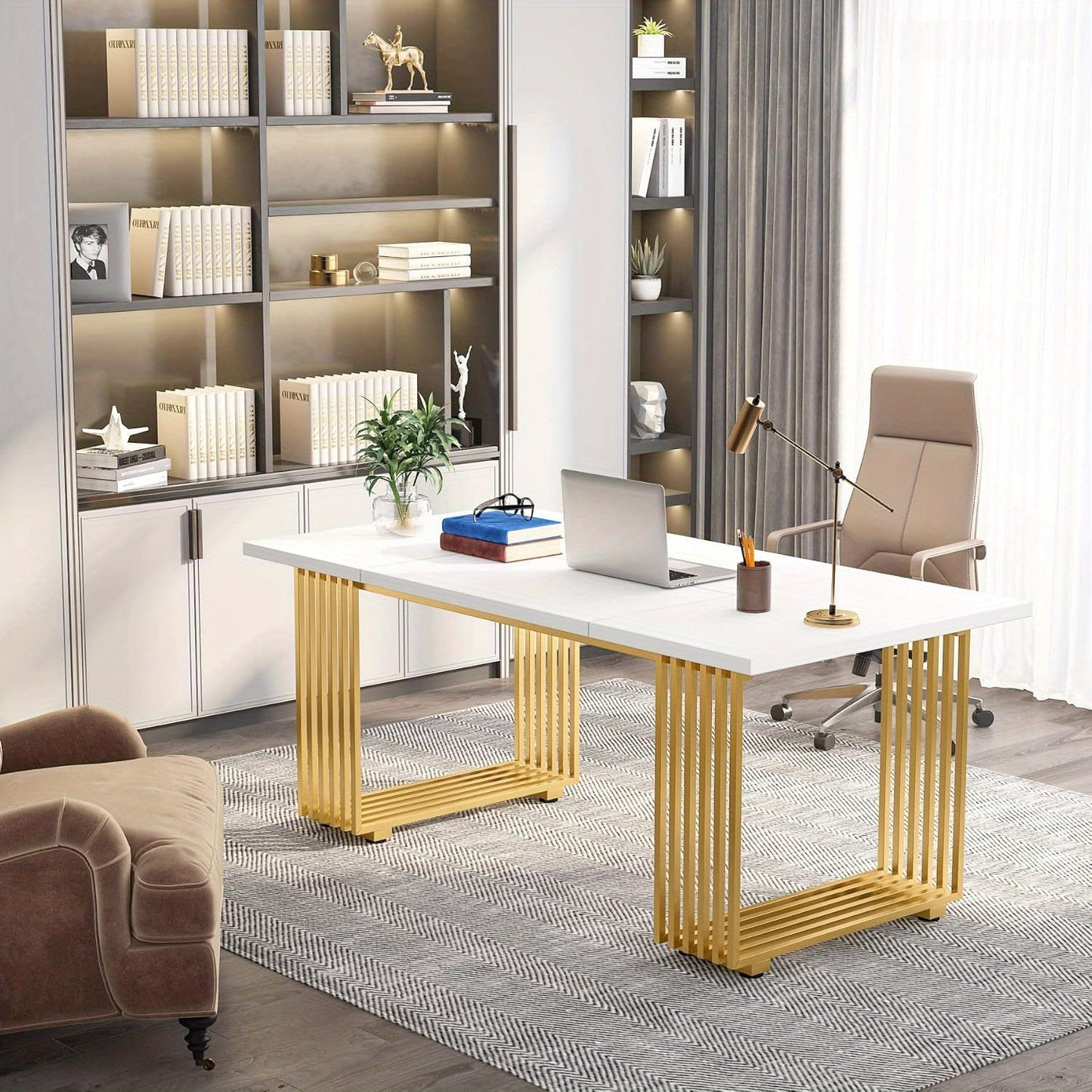 Bureau – Werktafel – Schrijftafel – Computertafel – Kantoortafel – 180 cm – Wit met gouden frame – Hittebestendig MDF blad – Verstelbare pootjes