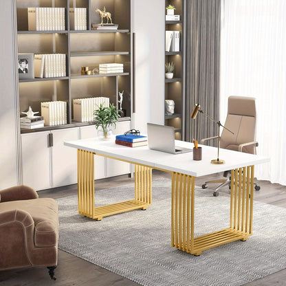 Bureau – Werktafel – Schrijftafel – Computertafel – Kantoortafel – 180 cm – Wit met gouden frame – Hittebestendig MDF blad – Verstelbare pootjes