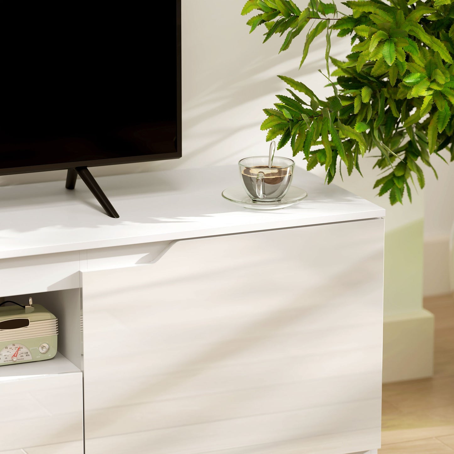 Tv Meubel – Tv Kast – Tv Lowboard – Tv Dressoir – Hoogglans Wit – Geschikt Voor Tv Tot 65 Inch – 3 Compartimenten Met Lade – 160x38x43 cm