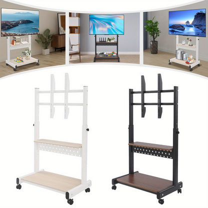 Verstelbare TV-standaard – TV-meubel – TV-console – TV-wagen – TV-trolley – Wit met houtaccent – Verstelbare hoogte 108,5-128,5 cm – Draagkracht tot 100 kg