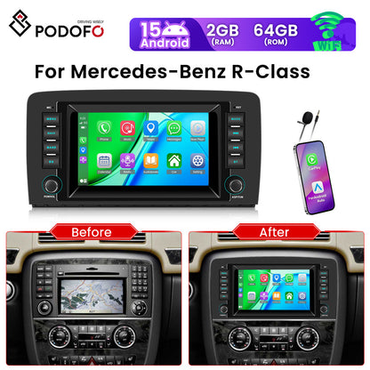 PODOFO [2G+64G] Android 15 7-inch for Mercedes Benz R Class W251 R280 R300 R320 R350 R63 2005-2017, Wireless Carplay/ Android Auto, Android EQ AI DSP/ GPS/ WiFi/ B/ T5.0/ FM/ Mirror Link+Mic, Merry Christmas Gifts, Black Frid