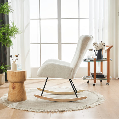Schommelstoel – Schommelzetel – Relaxstoel – Lounge Stoel – Witte Teddy Velvet – Ergonomische Rugleuning – Stevige Kunsthouten Basis