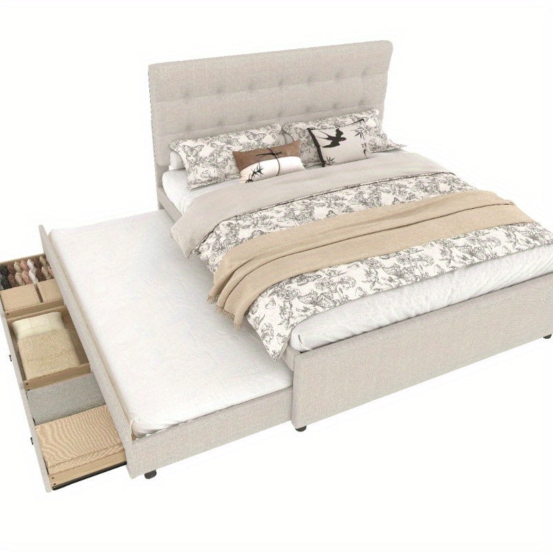 Gestoffeerd Tweepersoonsbed – Double Bed – Familiebed – Huwelijksbed – Opbergbed – 140x200 cm – Verstelbaar Hoofdbord – Beige Bekleding