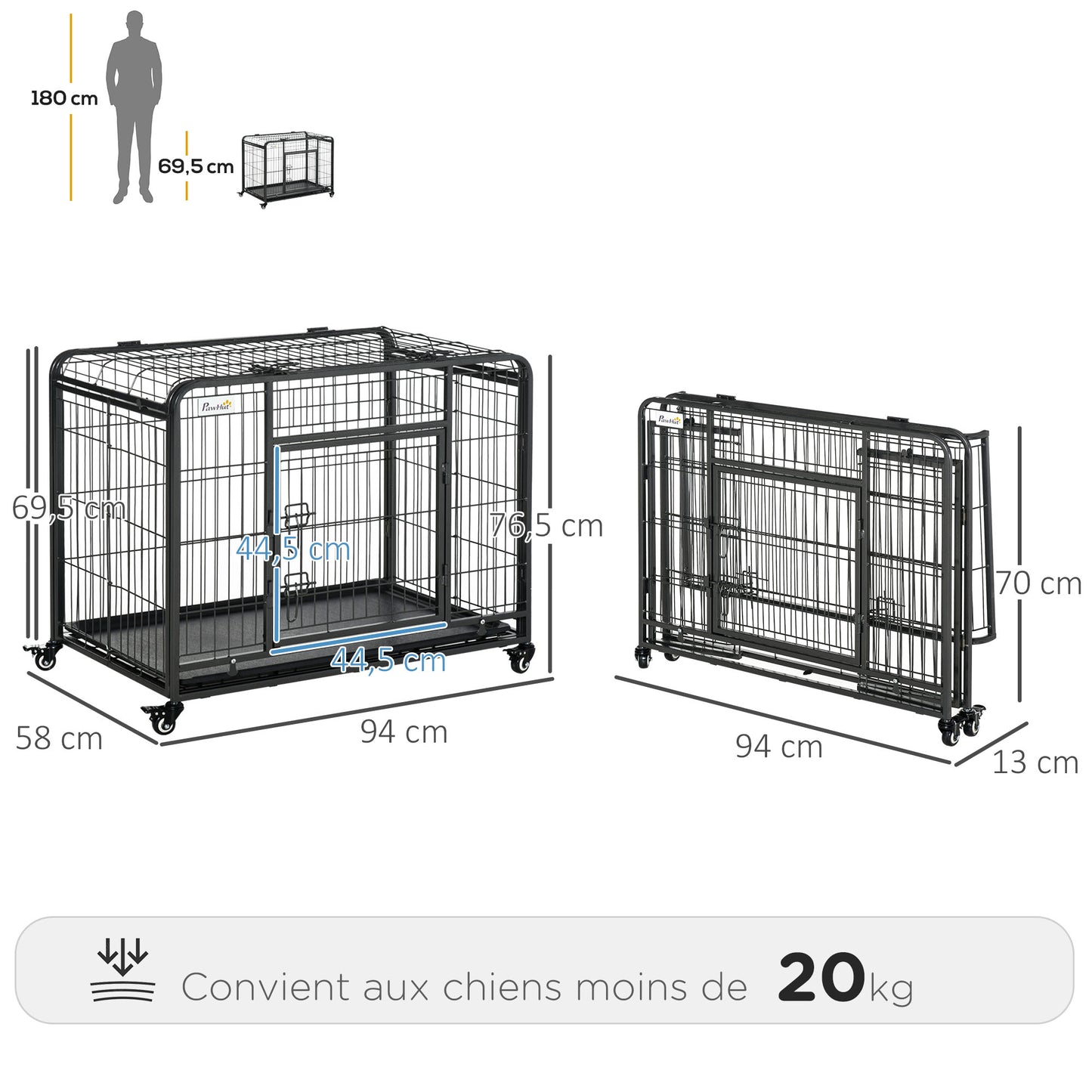 Hondenkooi – Hondenbench – Transportkooi – Draagkooi – Hondenkennel – Inklapbaar – Met Wieltjes – Dubbele Vergrendeling – Uitneembare Bodemlade – Voor Middelgrote Honden – Zwart Metaal – 94x58x69,5 cm