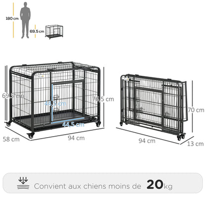 Hondenkooi – Hondenbench – Transportkooi – Draagkooi – Hondenkennel – Inklapbaar – Met Wieltjes – Dubbele Vergrendeling – Uitneembare Bodemlade – Voor Middelgrote Honden – Zwart Metaal – 94x58x69,5 cm