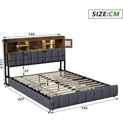 Tweepersoonsbed – Stalen Bedframe – Linnen Bed – Opbergbed – Led Bed – 140x200 cm – USB Aansluiting – 4 Ladevakken
