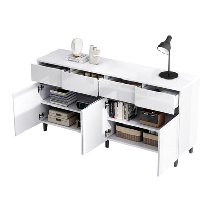 Moderne Kast – Opbergkast – Ladekast – Hoogglans Kast – Dressoir – Wit Hoogglans – 4 Ruime Lades – Verstelbare Planken