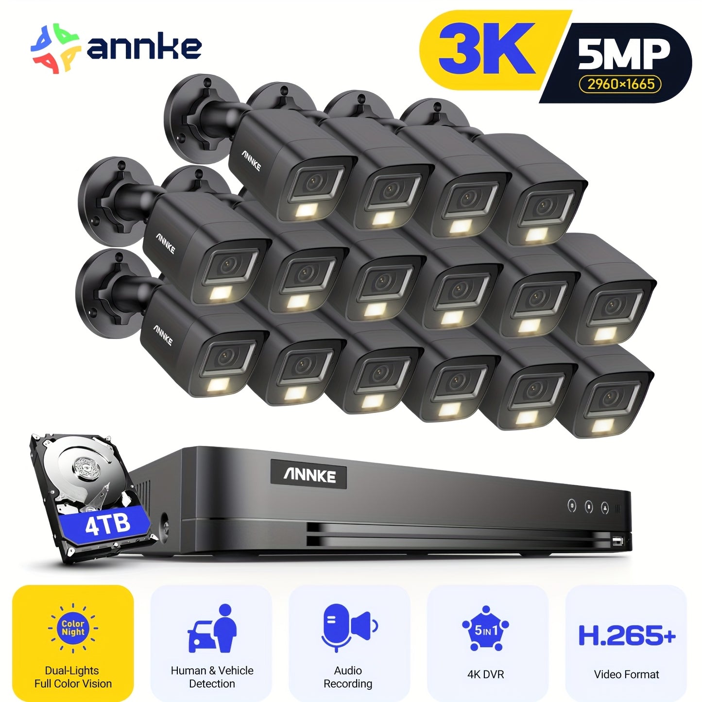 ANNKE 16CH Wired Security Camera System With Mic/Audio, 8MP H.265+ 16 Channel DVR With AI Human/Vehicle Detection, 16X CCTV 3K Cam With Dual Color Night Vision, Work With Alexa, 4TB HDD, Security Kit, Remote Access