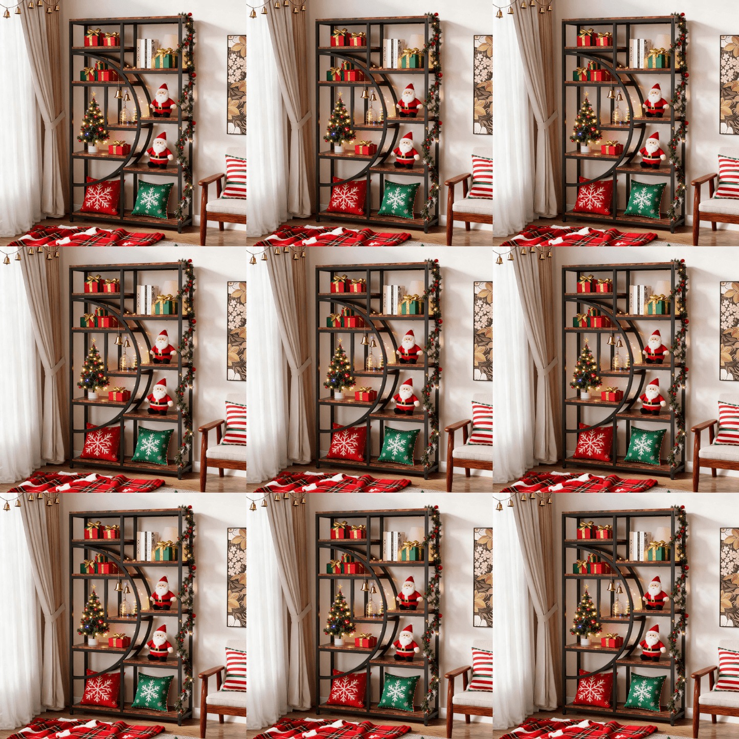 Tall 5-Tier Industrial Bookcase with 9-Shelf Open Storage - Rustic Modern Freestanding Shelving Unit Suitable for Living Room, Bedroom, Christmas Decor - Wood & Metal Frame, Assembly, Space-Saving Vertical Organizer