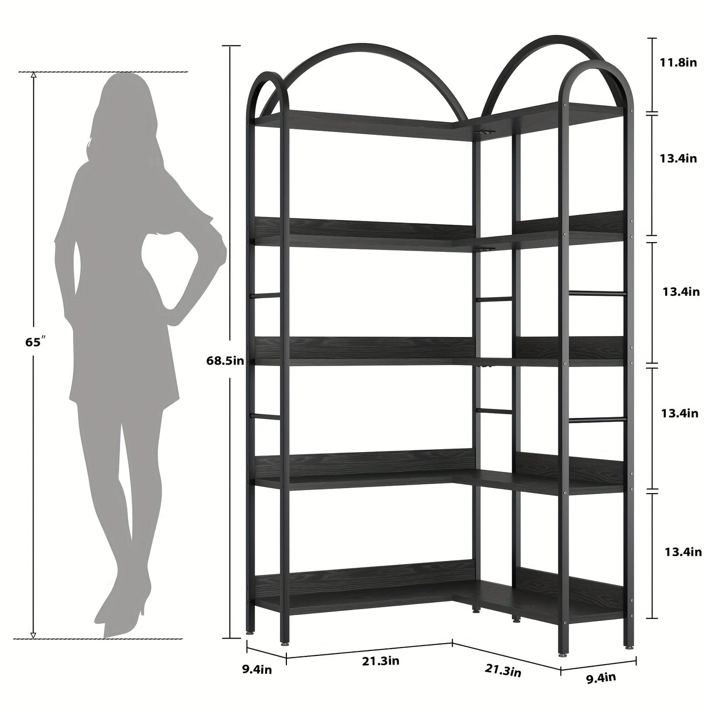 Boekenkast – Boekenplank – Wandrek – Kasten – Opbergkast – Extra Hoge 5-Lagen L-Vormige Boekenplank – Industrieel Metaal & MDF – 173,99 cm Hoog – Zwarte Hoekschilf Unit