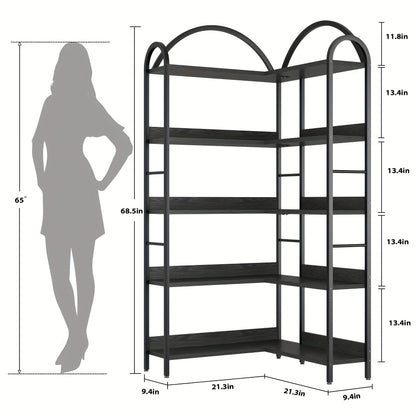 Boekenkast – Boekenplank – Wandrek – Kasten – Opbergkast – Extra Hoge 5-Lagen L-Vormige Boekenplank – Industrieel Metaal & MDF – 173,99 cm Hoog – Zwarte Hoekschilf Unit