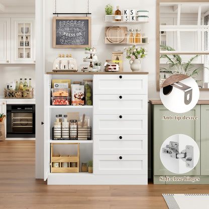 Kealive Sideboard, Kitchen Cabinet | White Buffet Cupboard with 5 Drawers, 85.5x40x97cm, Modern Style, Floor Mount, Suitable for Kitchen, Hallway, Living Room, Dining Room