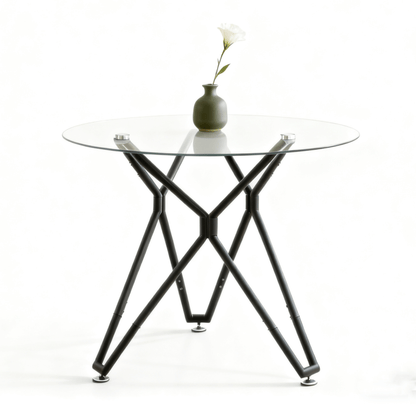 Ronde Eettafel – Eettafel Glas – Tafel Klein – Ronde Tafel – Keukentafel Zwart Metaal – 90 cm Diameter – Gehard Glasblad – Stevig Metalen Onderstel