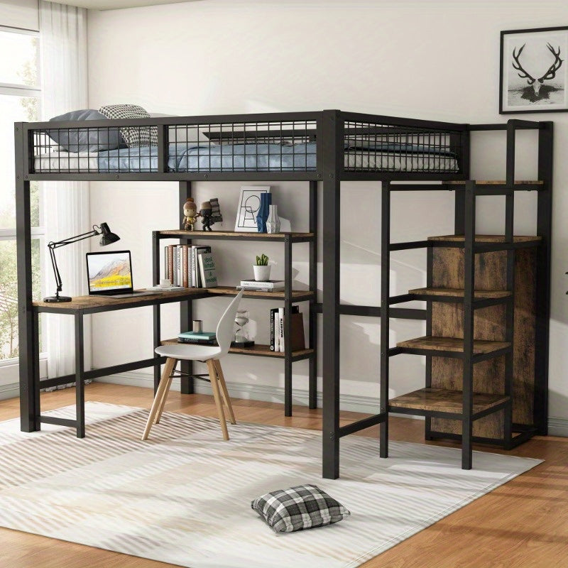 Hoogslaper – Stapelbed – Bedbank – Mezzanine Bed – Bed met Kast – Zwart + Bruin – 140x200 cm – Met Stabiel Metalen Frame