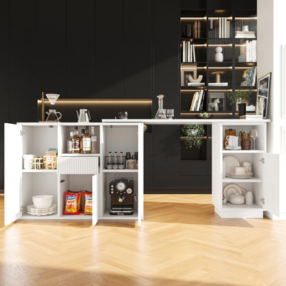 360° Rotating Marble Top Bar Island Table with Storage Shelves - Modern White Multifunctional Workstation, Easy Assembly Space-Saving design for small homes/Offices/Kitchens (210x30x100.9cm, Metal Frame)