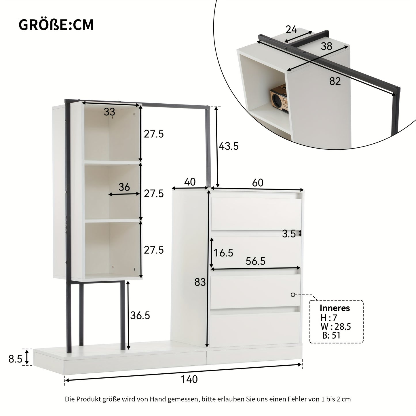 Modern White Metal Chest of Drawers & Wardrobe Set - Freestanding 5-Drawer Dresser with Hanger Rod, Heavy-Duty Non-Wood, Space-Saving Furniture for Small Spaces, Easy Assembly (No Wood Parts), 140x40x135cm)