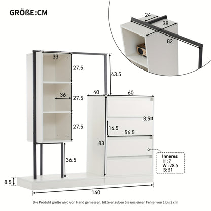 Modern White Metal Chest of Drawers & Wardrobe Set - Freestanding 5-Drawer Dresser with Hanger Rod, Heavy-Duty Non-Wood, Space-Saving Furniture for Small Spaces, Easy Assembly (No Wood Parts), 140x40x135cm)