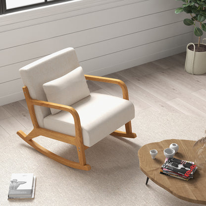 Schommelstoel – Schommelstoel Retro – Relaxstoel – Wiegestoel – Lounge Stoel – Beige Design – Rubberhout Frame – Dikke Kussens