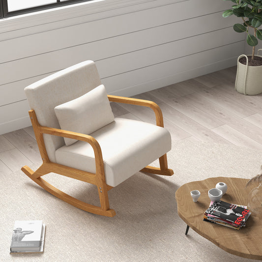 Schommelstoel – Schommelstoel Retro – Relaxstoel – Wiegestoel – Lounge Stoel – Beige Design – Rubberhout Frame – Dikke Kussens