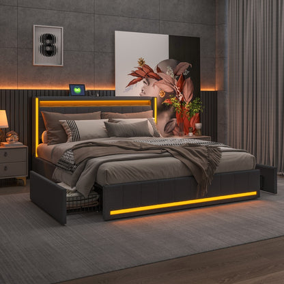 Bed 140x200 – Tweepersoonsbed – Stapelbed – Linnen Bed – Opbergbed – Ingebouwde LED-Verlichting – USB-Poort – Donkergrijs – 4 Laden – Houten Lattenbodem