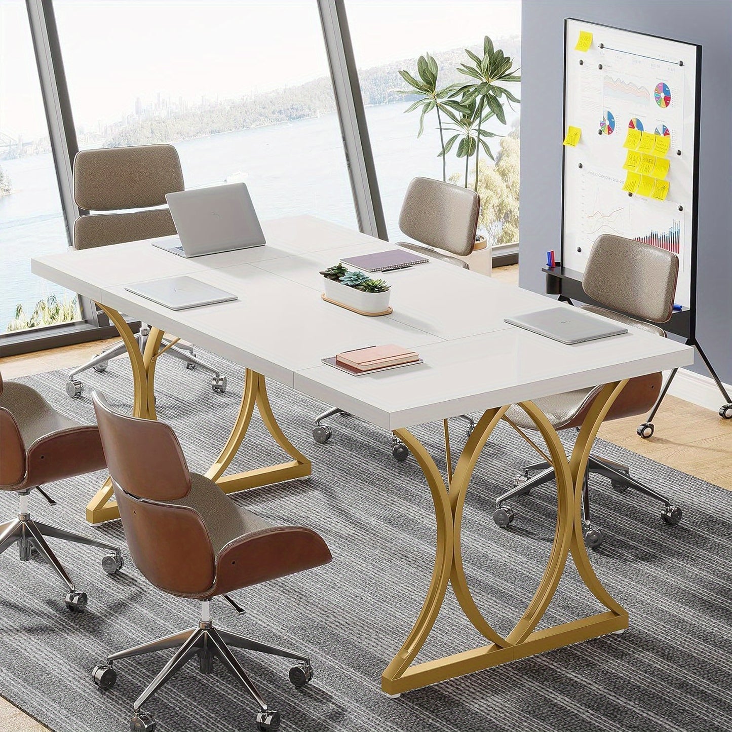 Bureau – Computertafel – Werktafel – Kantoortafel – Eettafel – Wit Met Gouden Metalen Frame – 159x79x78 cm – Stevig En Verstelbaar