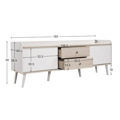 TV Meubel – TV Kast – Tv Lowboard – Media Console – Modern Cabinet – 2 Lades – Spaanplaat Wit-Hout – Compact 102-124 cm