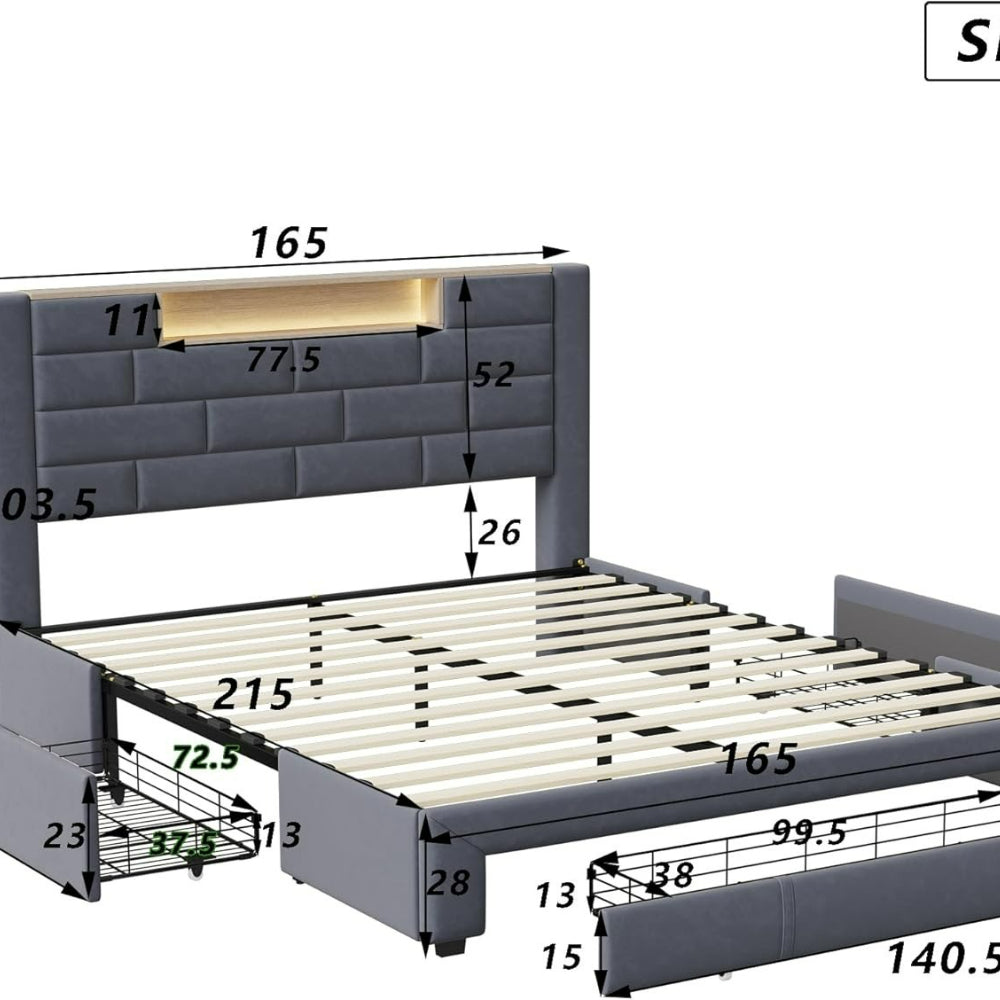 Bed met Opbergruimte – Opbergbed – Opbergboxspring – Tweepersoonsbed – Gestoffeerd Bed – LED Verlichting – USB Oplaadpoort – 140x200 cm – Fluwelen Metalen Frame